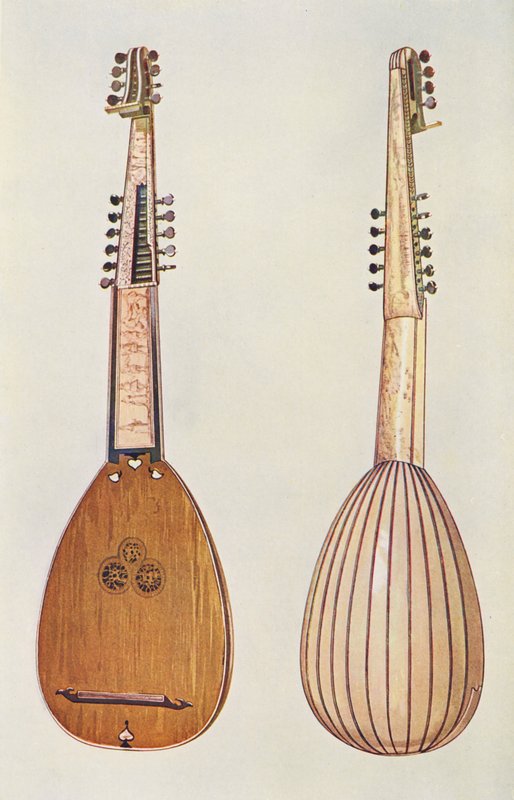 Musikinstrumenter: Theorbe (farvelitografi) af William Gibb