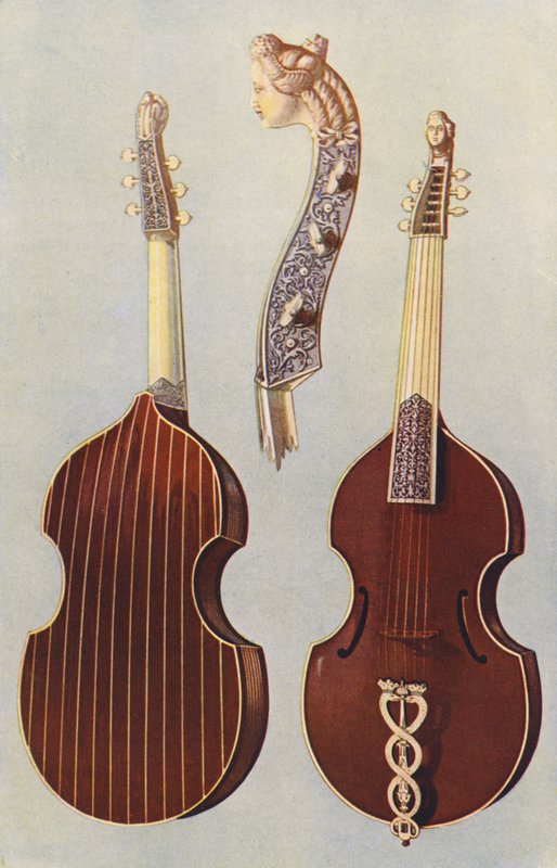 Musikinstrumenter: Viola da gamba (farvelitografi) af William Gibb