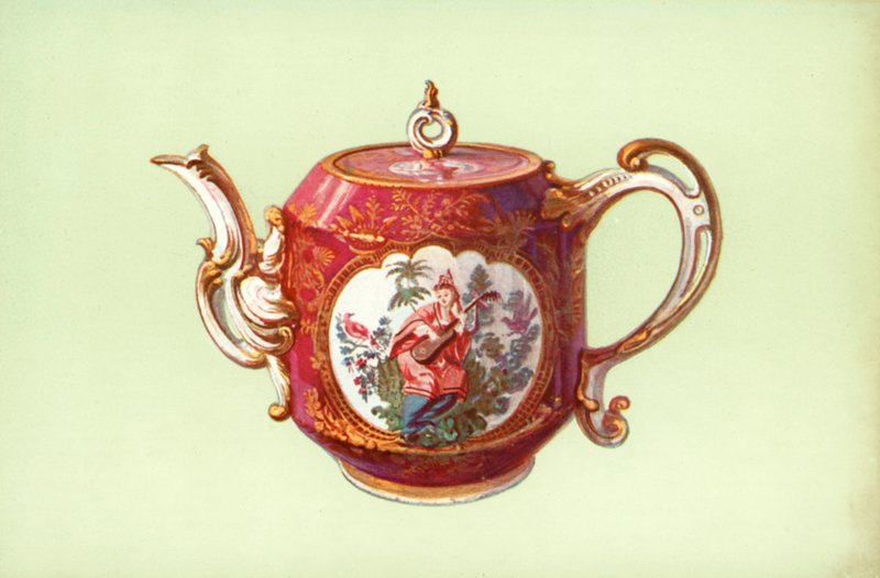 Tekande, Chelsea, Claret-farve, med figurer efter Watteau (farve litho) af William Gibb