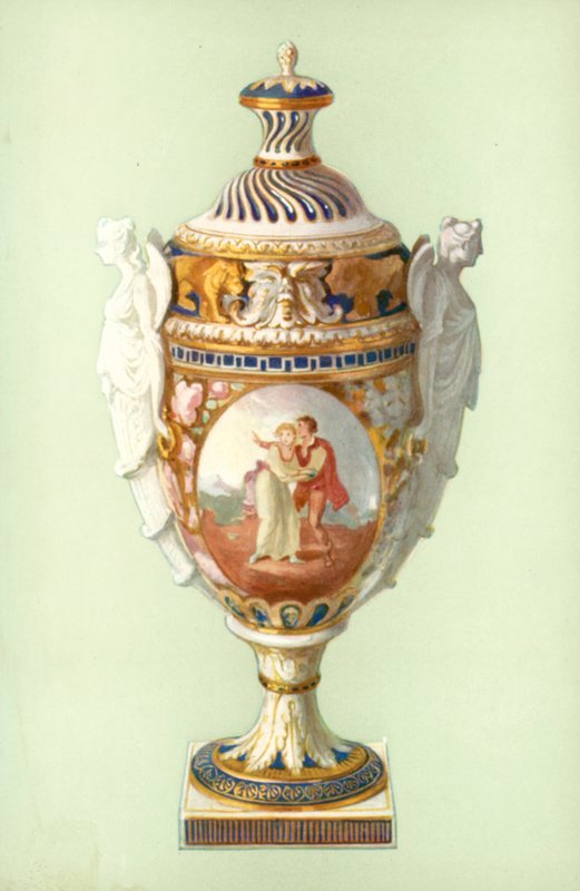 Vase, Chelsea-Derby, med kiksehåndtag (farve litho) af William Gibb