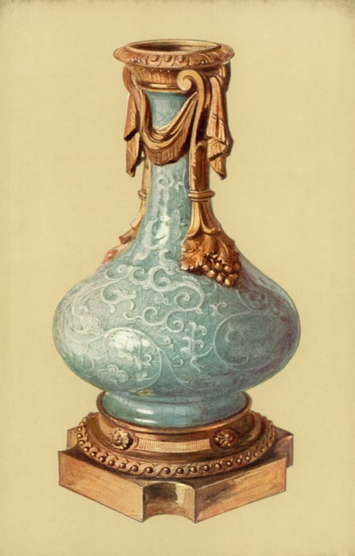 Vase, kinesisk Celadon Ware med Louis XVI, Ormolu Mount (farve litho) af William Gibb