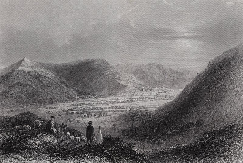 Gerizim-bjerget og Nablous-dalen, fra Ebal-bjerget (gravering) af William H. Bartlett