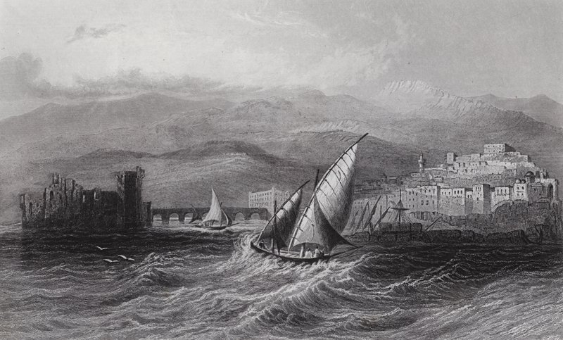 Sidon og Libanonbjerget, fra havet (gravering) af William H. Bartlett