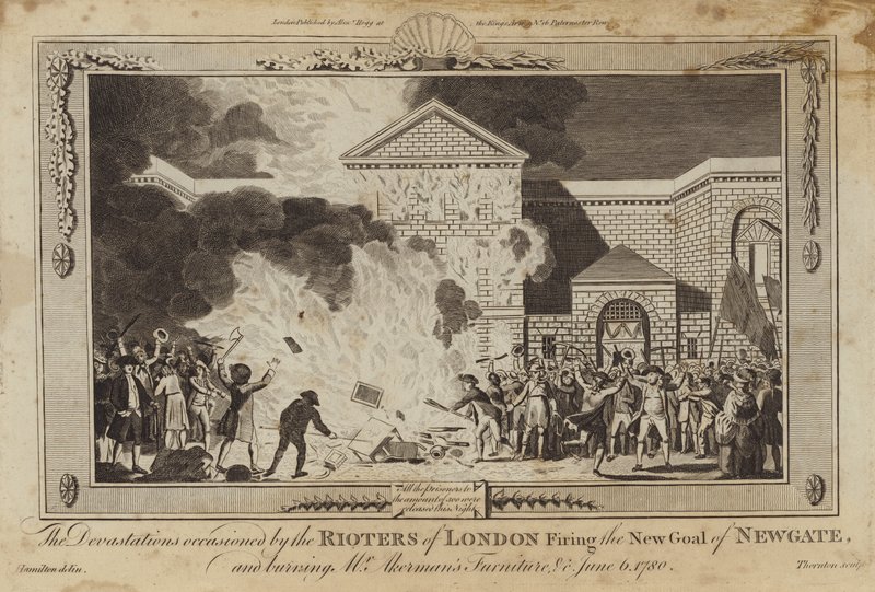 Ødelæggelserne forårsaget af Londons uromagere, der affyrede den nye fængsel i Newgate af William Hamilton
