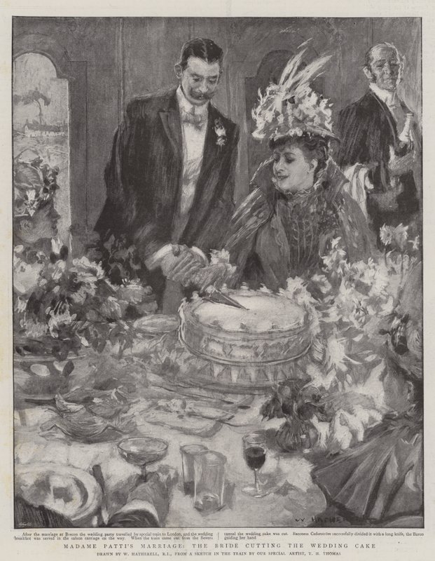 Madame Pattis ægteskab, bruden skærer bryllupskagen af William Hatherell