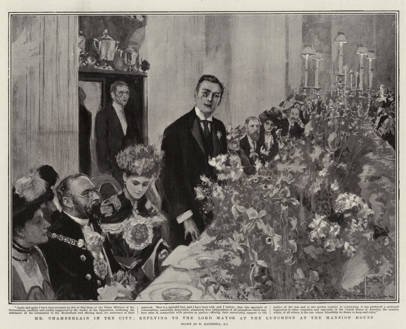 Hr. Chamberlain in the City, svar til overborgmesteren ved frokosten i Mansion House af William Hatherell