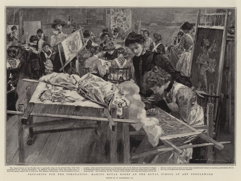 Forberedelse til kroningen, fremstilling af kongelige rober på Royal School of Art Håndarbejde af William Hatherell