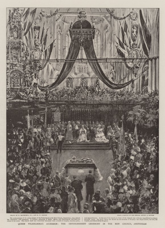 Dronning Wilhelminas tiltrædelse, tronbesættelsesceremonien i den nye kirke, Amsterdam af William Hatherell