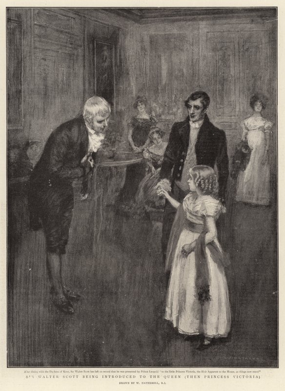 Sir Walter Scott bliver præsenteret for dronningen, dengang prinsesse Victoria af William Hatherell