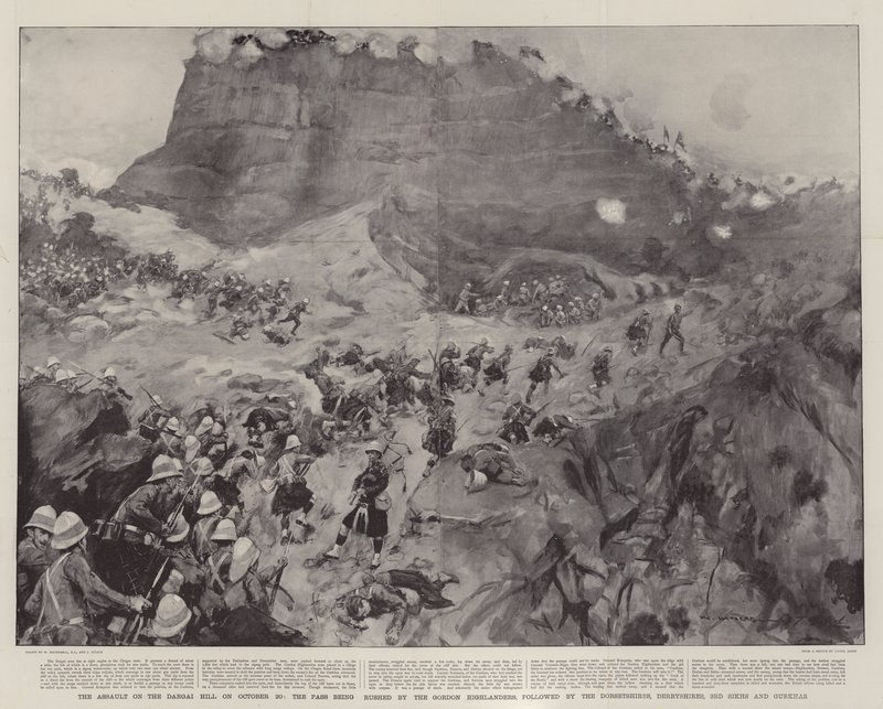 Angrebet på Dargai Hill den 20. oktober, passet blev hastet af Gordon Highlanders, efterfulgt af Dorsetshires, Derbyshires, 3rd Sikhs og Gurkhas af William Hatherell