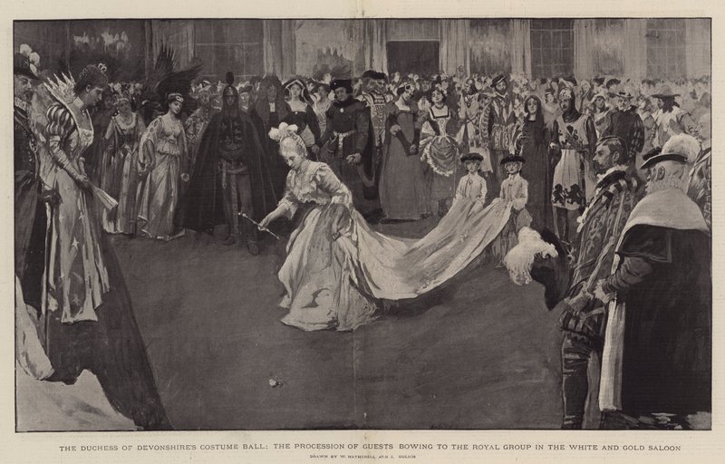 Hertuginden af Devonshires kostumebal, processionen af gæster, der bøjer sig for den kongelige gruppe i White and Gold Saloon, 1897 af William Hatherell