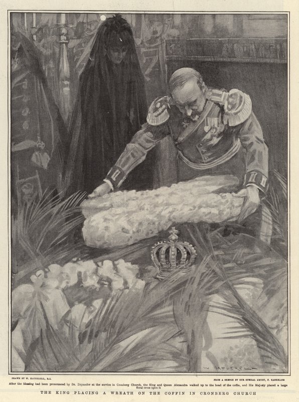 Kongen lægger en krans på kisten i Cronberg kirke af William Hatherell