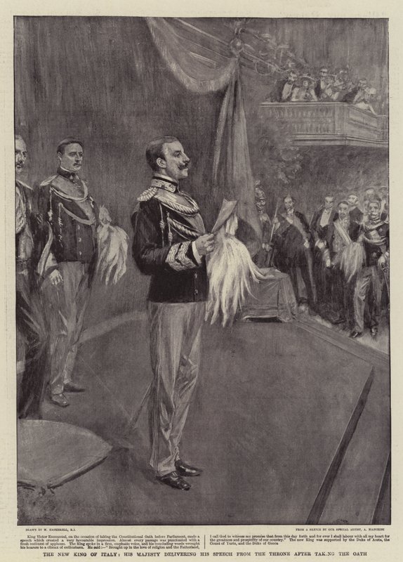 Den nye konge af Italien, Hans Majestæt holder sin tale fra tronen efter at have aflagt ed af William Hatherell