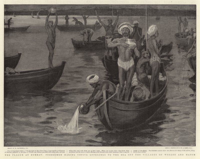 Pesten i Bombay, fiskere, der ofrer til havet ud for landsbyerne Worlee og Mahim af William Hatherell