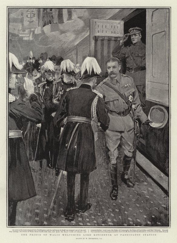 Prinsen af Wales byder Lord Kitchener velkommen på Paddington Station af William Hatherell