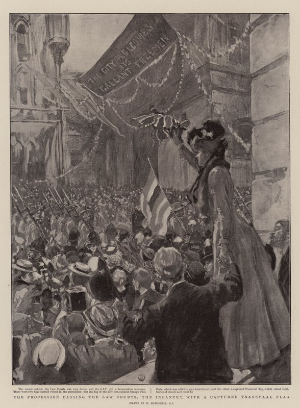 Processionen forbi domstolene, infanteriet med et erobret Transvaal-flag af William Hatherell
