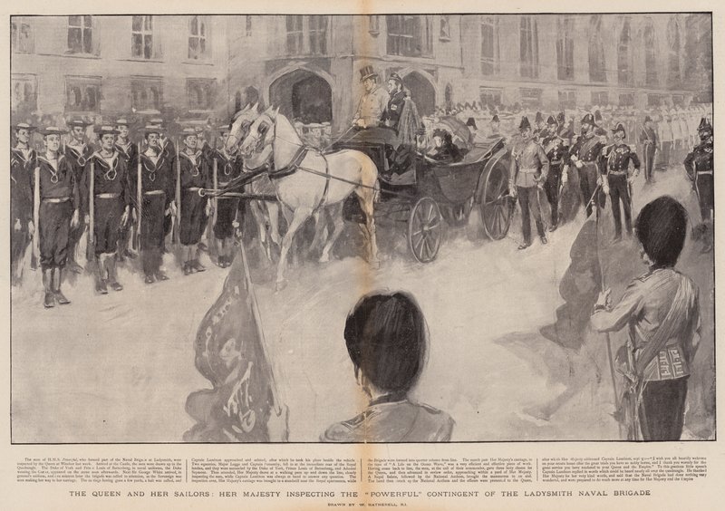 Dronningen og hendes søfolk, Hendes Majestæt inspicerer det stærke kontingent fra Ladysmiths flådebrigade af William Hatherell