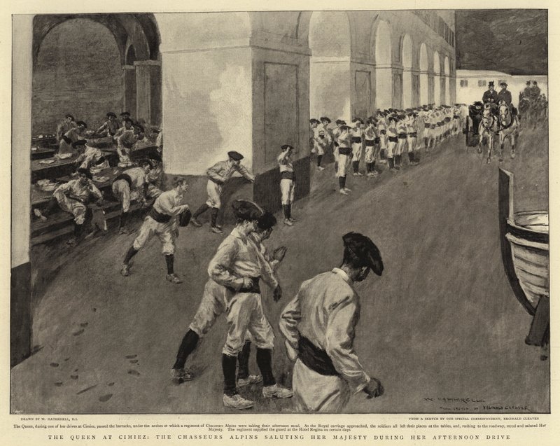 Dronningen i Cimiez, Chasseurs Alpinerne hylder Hendes Majestæt under hendes Afternoon Drive af William Hatherell