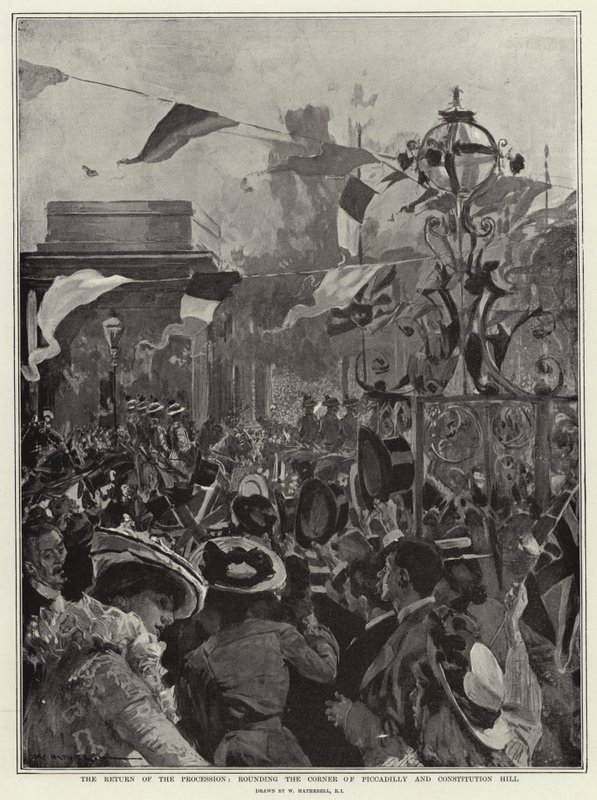 Processionens tilbagevenden, runder hjørnet af Piccadilly og Constitution Hill af William Hatherell