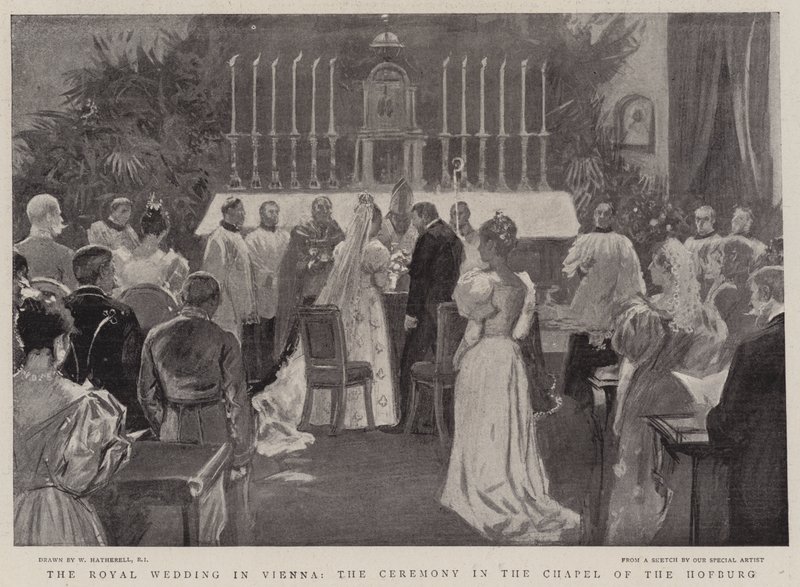 Det kongelige bryllup i Wien, ceremonien i kapellet i Hofburg af William Hatherell