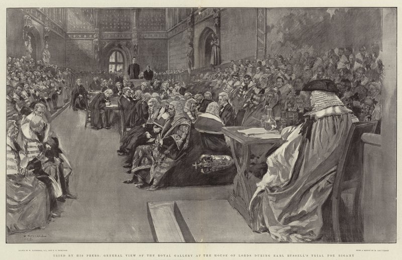 Forsøgt af hans jævnaldrende, generel udsigt over Royal Gallery ved House of Lords under Earl Russells Trial for Bigamy af William Hatherell