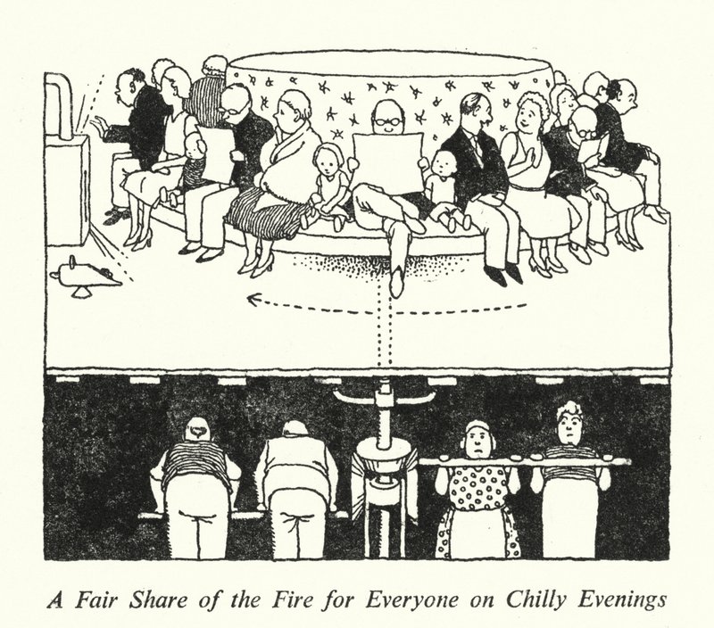 En rimelig andel af ilden for alle på kølige aftener (litho) af William Heath Robinson