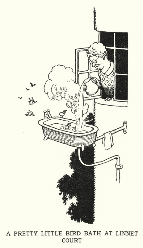 Et smukt lille fuglebad ved Linnet Court (litho) af William Heath Robinson