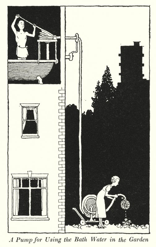 En pumpe til brug af badevandet i haven (litho) af William Heath Robinson