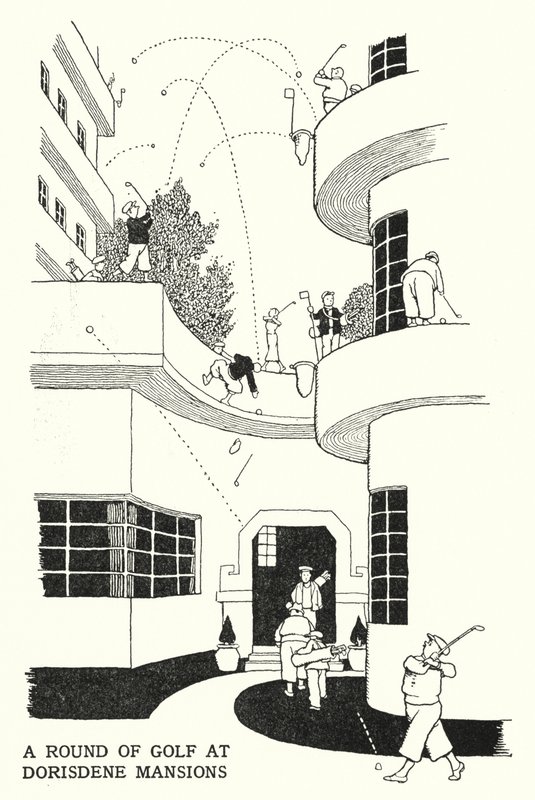 En runde golf på Dorisdene Mansions (litho) af William Heath Robinson