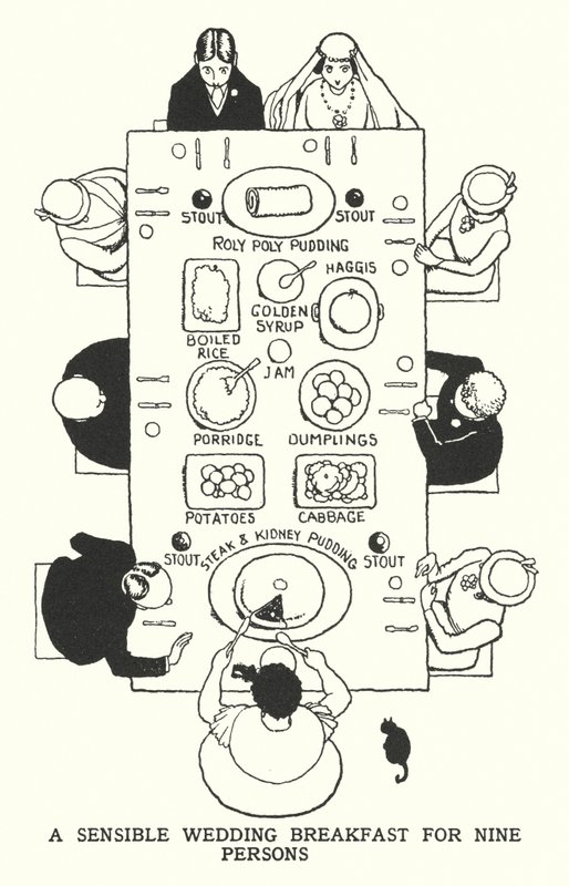 En fornuftig bryllupsmorgenmad for ni personer (litho) af William Heath Robinson