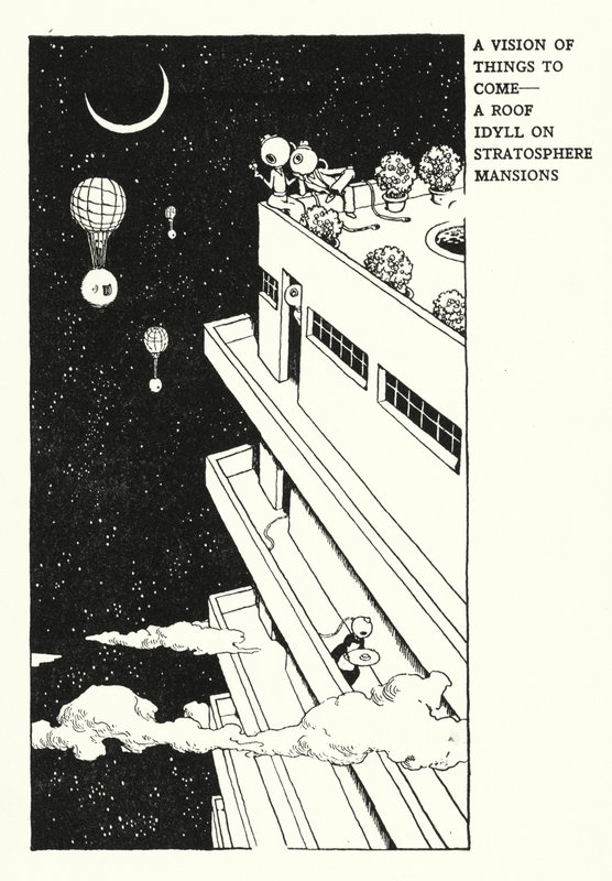 En vision om kommende ting, en tagidyl på Stratosphere Mansions (litho) af William Heath Robinson