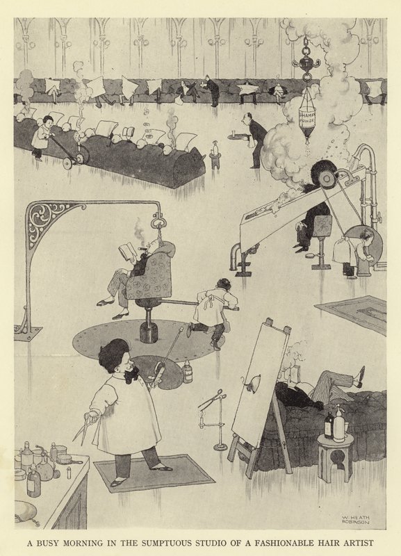 En travl morgen i en fashionabel hårkunstners overdådige atelier af William Heath Robinson