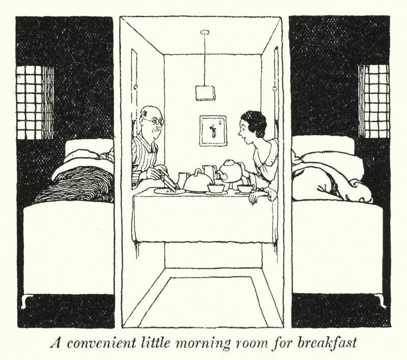 Et praktisk lille morgenrum til morgenmad (litho) af William Heath Robinson