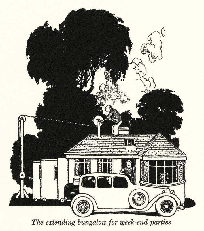 En forlængende bungalow til weekendfester (litho) af William Heath Robinson