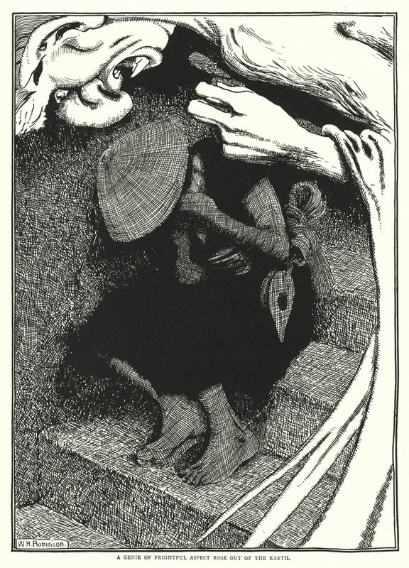 En ånd med forfærdeligt aspekt steg op af jorden (gravering) af William Heath Robinson