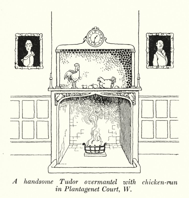 En smuk Tudor overkappe med hønsegård i Plantagenet Court, W (litho) af William Heath Robinson