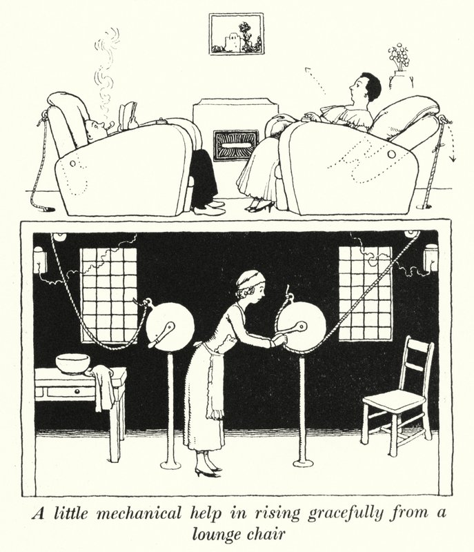 Lidt mekanisk hjælp til at rejse sig yndefuldt fra en loungestol (litho) af William Heath Robinson