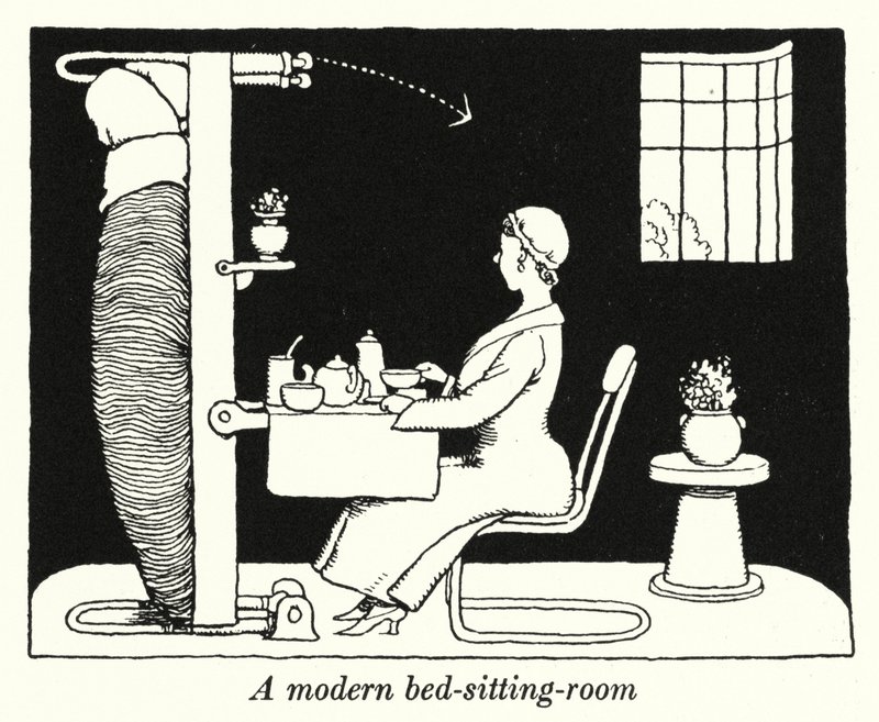En moderne seng-stue (litho) af William Heath Robinson