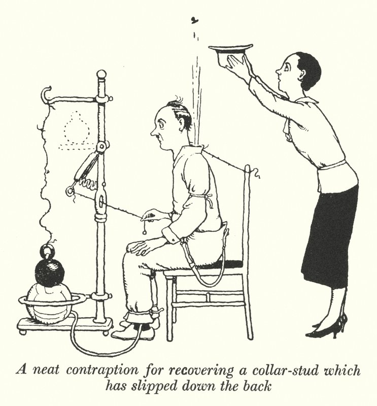 En pæn anordning til at genvinde en krave-studs, der er gledet ned ad ryggen (litho) af William Heath Robinson