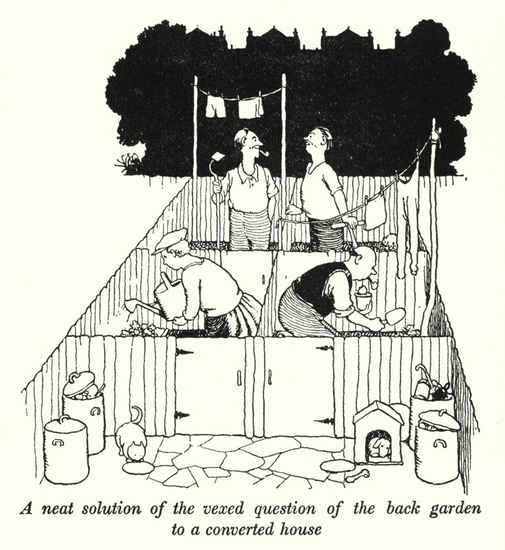 En pæn løsning på det irriterende spørgsmål om baghaven til et ombygget hus (litho) af William Heath Robinson