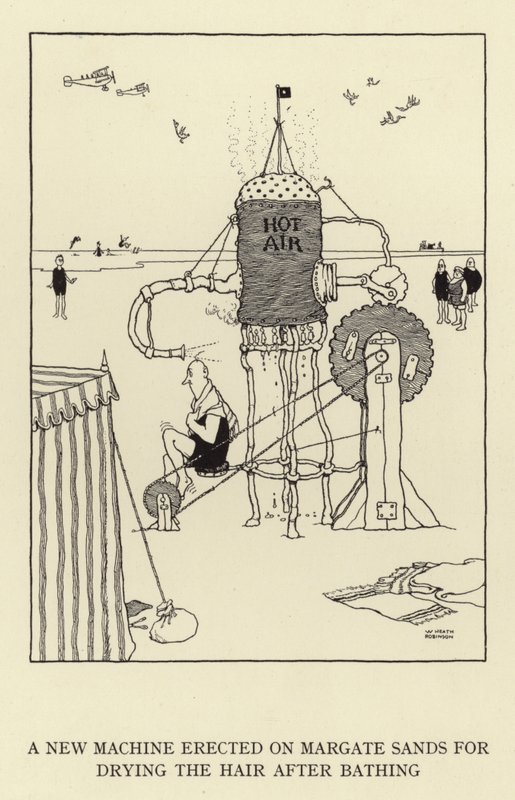 En ny maskine opstillet på Margate Sands til tørring af håret efter badning af William Heath Robinson
