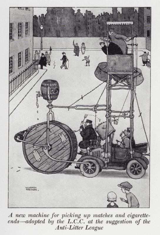 En ny maskine til at samle tændstikker og cigaretspidser op, vedtaget af LCC efter forslag fra Anti-Litter League (litho) af William Heath Robinson
