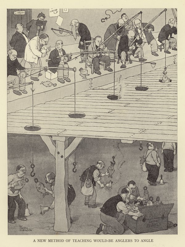 En ny metode til at lære kommende lystfiskere at vinkle af William Heath Robinson