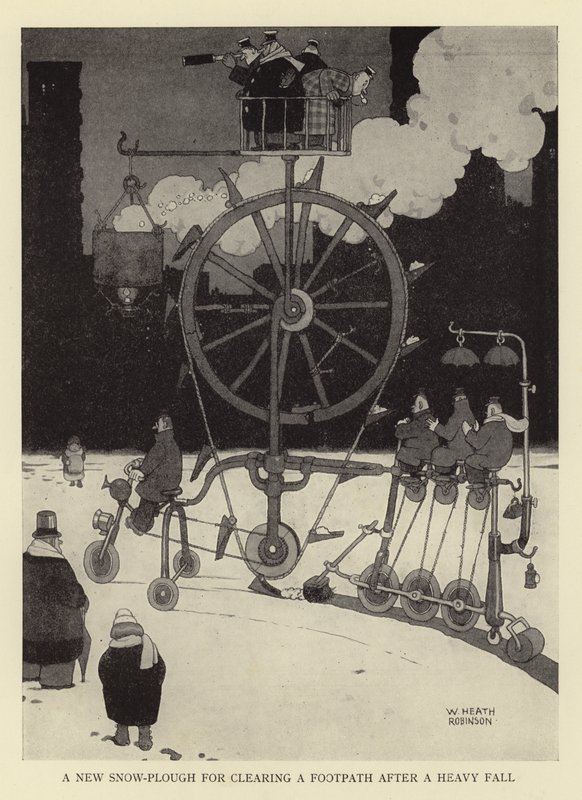 En ny sneplov til at rydde en gangsti efter et kraftigt fald af William Heath Robinson