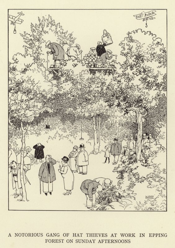 En berygtet bande af hattetyve på arbejde i Epping Forest søndag eftermiddag af William Heath Robinson