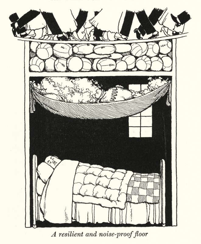 Et elastisk og støjtæt gulv (litho) af William Heath Robinson