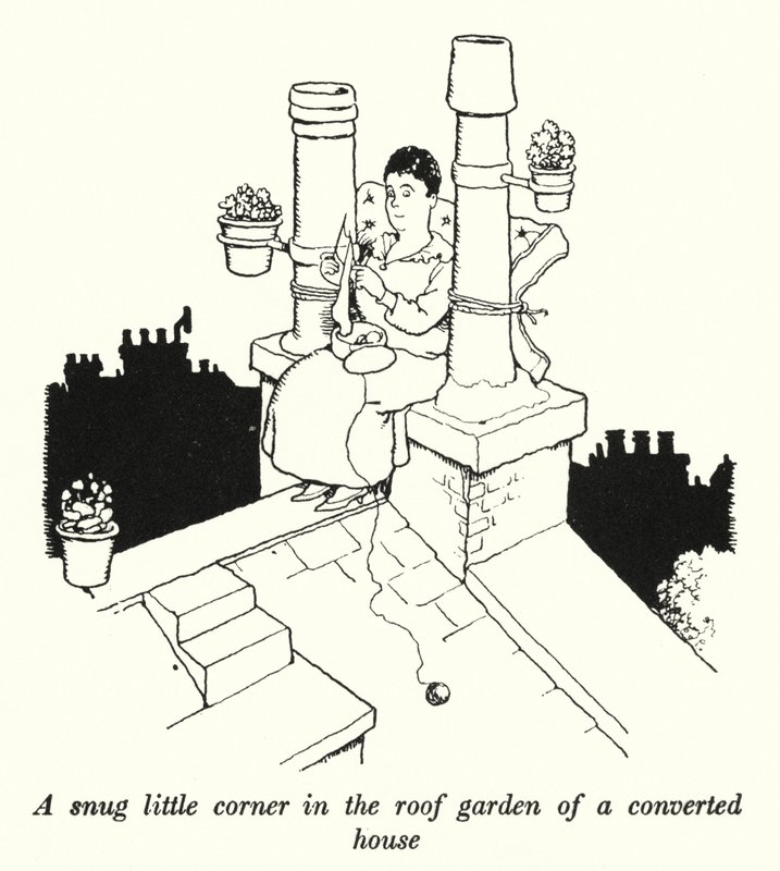 Et hyggeligt lille hjørne i taghaven til et ombygget hus (litho) af William Heath Robinson
