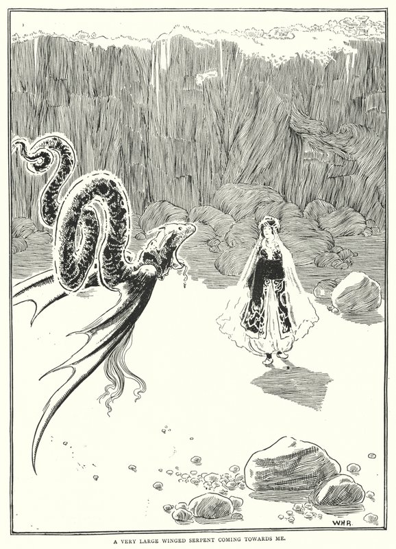 En meget stor bevinget slange kommer imod mig (gravering) af William Heath Robinson