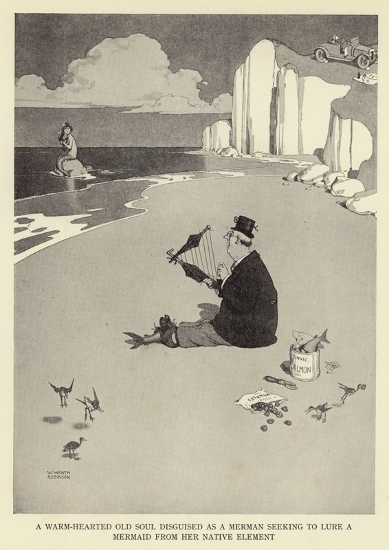 En varmhjertet gammel sjæl forklædt som en havmand, der søger at lokke en havfrue fra sit oprindelige element af William Heath Robinson