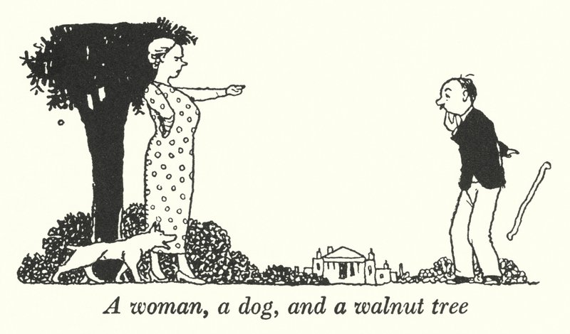 En kvinde, en hund og et valnøddetræ (litho) af William Heath Robinson